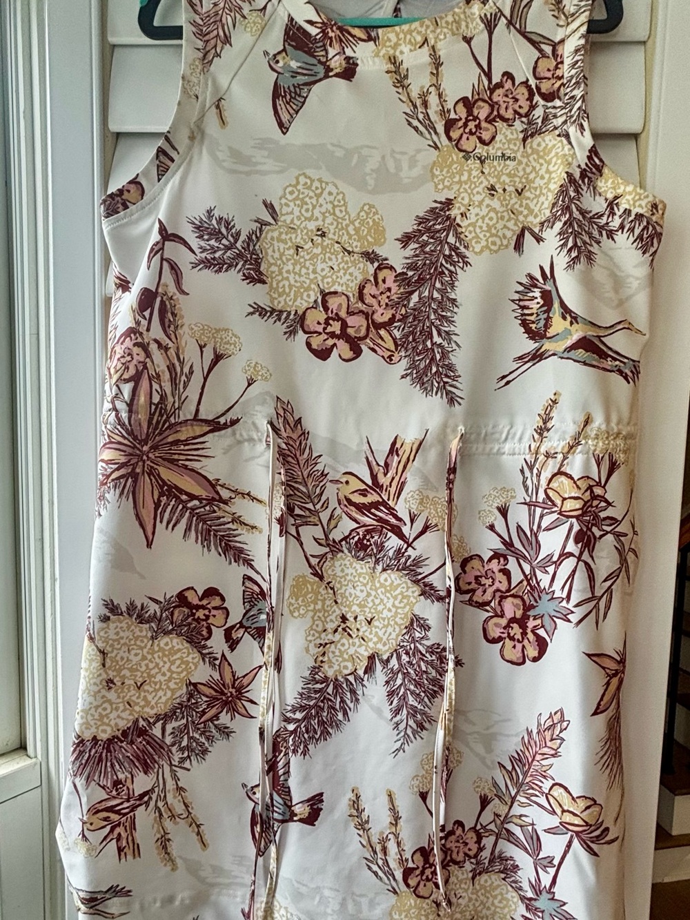 Colombia Travel/Sports Floral Bird Print Sleeveless Dress in Cream and Burgundy